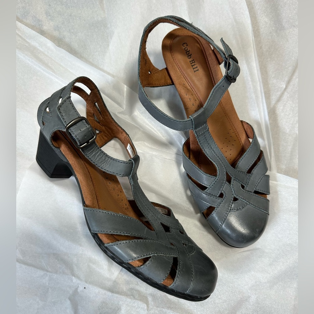Rockport Cobb Hill Aubrey Sandal Sz 9 Blue Gray T-strap Low Heel Comfort Retro